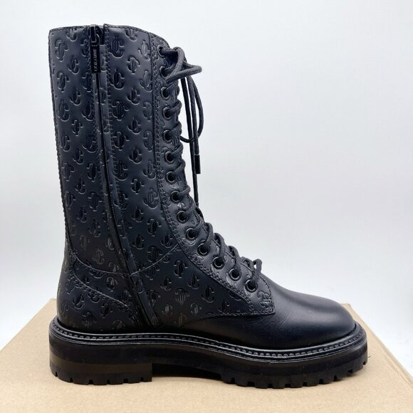 Jimmy Choo Cora Monogram Logo Debossed Combat Boots Black Leather EU 36.5 US 6.5 - Picture 7 of 9